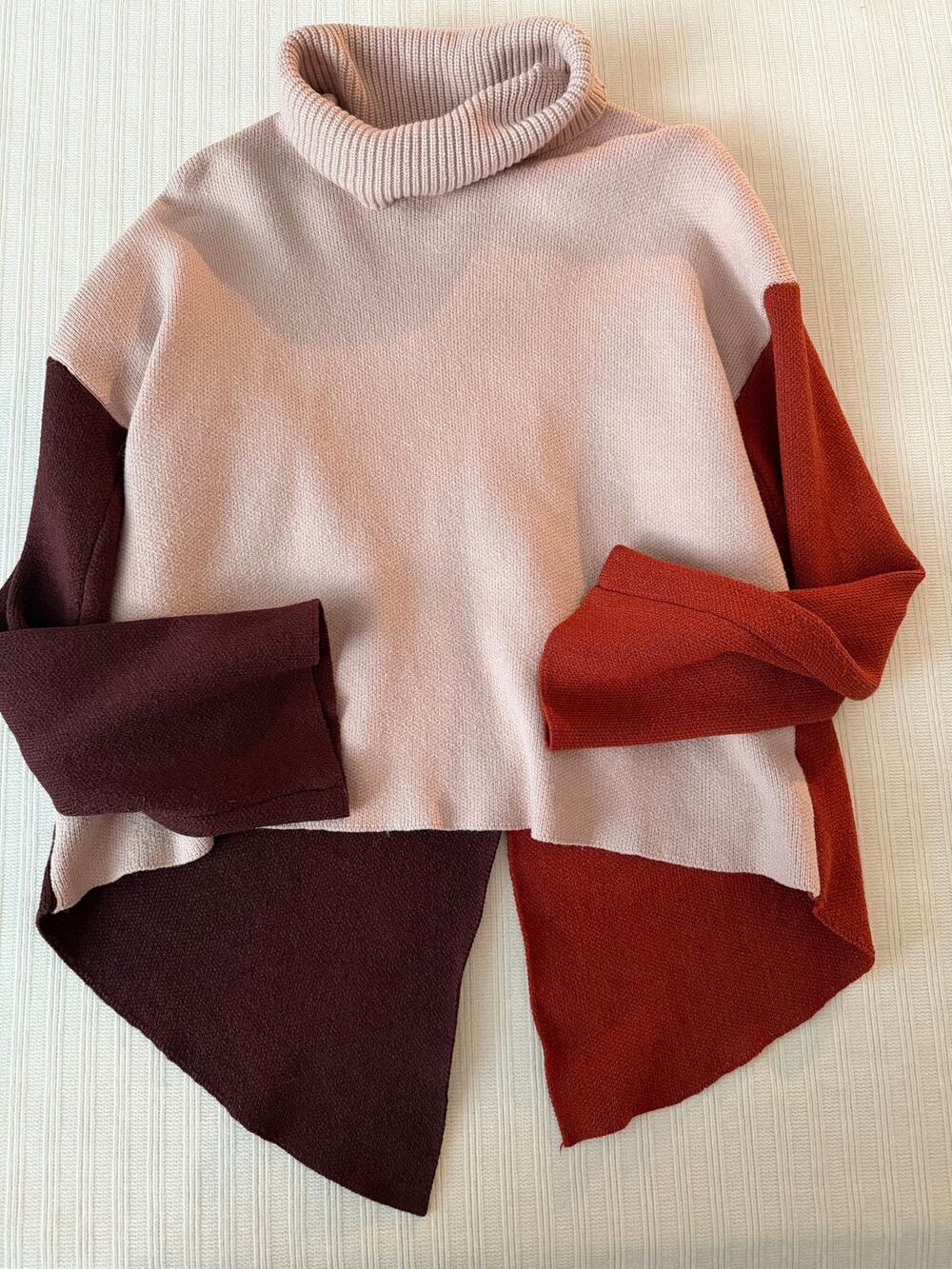 Miracle USA Colorblock Cowl Neck Sweater S/M Pink Rust Burgundy Asymm. Split Hem